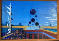 Auktion 365<br>Flo Nordhoff, Monaco 1974, Öl/Platte, gerahmt , 36x51 cm, surreal. Landschaft