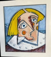 Auktion 365 / Los 4007 <br>HU (Helmut Wetzel) "Männerkopf" (nach Picasso)  Öl/Leinen, gerahmt,  49x55 cm
