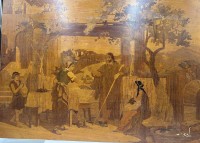 Auktion 365 / Los 15009 <br>Intarsienbild  ""Christus bei Maria und Martha" , verso Etikette -Edelhölzer-Perlmutt, "Rob. Julius Jacoby" Korntal, 45x60 cm