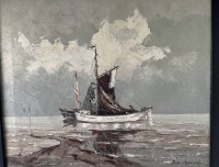 Auktion 365<br>Hans HENTSCHKE (1889-1969),  "Fischerboote auf der Weser", Öl/Leinen, alt gerahmt, RG 57x65 cm