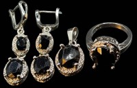 Auktion 365<br>Silber-Set-925-, Ring, Paar Ohrhänger, Anhänger, schwarze Steine, RG 53, Ohrhänger H-4 cm, Anhänger H-2,5 cm, zus. 13,7 gr