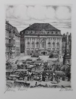 Auktion 365 / Los 5009 <br>W.Peters, Rathaus und Markt in Bonn, Radierung, ger./Glas, RG 34 x 28cm