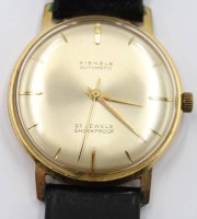 Auktion 365<br>Armbanduhr,  Kienzle Automatic,  25 jewels, Werk läuft, schwarzes Lederband, ca. D-3,5cm