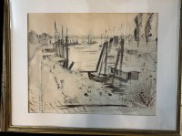 Auktion 365<br>Hafensze, Sepiazeichnung, wohl unter PP signiert, gut gerahmt, RG 58x70 cm