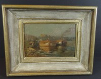 Rudolf HÖCKNER (1864-1942) "Boote am Elbufer", Öl/Karton, 14x21 cm, RG 26x33 cm