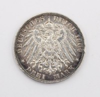 Auktion 365<br>3 Mark Hamburg 1909 J, Stadtwappen, Silber, 16,7gr., D-3,3cm