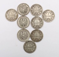 Auktion 365<br>9x 1 Reichsmark, Kaiserreich, Silber