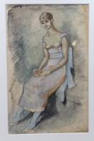 Auktion 365 / Los 4016 <br>unleserl. signiertes Aquarell von 1917, weibl. sitzender Halbakt, gerahmt/Glas, RG 70,5 x 54cm, Blatt mit Läsuren