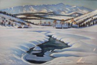 Auktion 365 / Los 4017 <br>Mieczyslaw FILIPKIEWICZ (1891-1950), Winterlandschaft, wohl Öl auf Malkarton, gerahmt/Glas, RG 48 x 63cm, Rahmen etwas beschädigt.