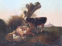 Auktion 365 / Los 4019 <br>unsigniert, Kühe und Schafe, verso Etikett "Verhoesen", wohl Albertus VERHOESEN (1806-1881) zugesch. , Öl/Holz, ungerahmt, 20 x 27cm