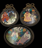 Auktion 365<br>3x kl. naive Gemälde (Emaillefarben??), in  Messingrahmen, 2x H-18 cm, einmal oval 19x15 cm