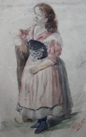 Auktion 365 / Los 4021 <br>Rudolf KÖSELITZ (1861-1949) , Dame in Tracht, datiert (18)85, Aquarell, Blatt mit Läsuren, ger./Glas, RG 42,8 x 32,3cm