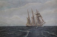 Auktion 365 / Los 4023 <br>A.Olsen, Segler auf See, Öl/Leinwand, gerahmt, RG 56,5 x 81cm