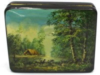 Auktion 365 / Los 14523 <br>flache russische Lackdose, handbemalt und signiert, H-3 cm, 9x11 cm