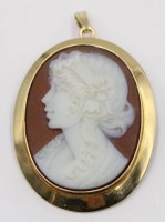 Auktion 365<br>Brosche bzw. Anhänger mit Camee, Goldfassung-585-, 4,5x3,5 cm, 15,9 gr