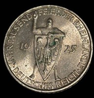 Auktion 365<br>WEIMARER REPUBLIK  5 Reichsmark "Rheinlande" 1925 D, D-3,5 cm, 25 gr, vz