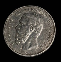 Auktion 365<br>5 Mark 1891, Friedrich, Grossherzog von Baden, D-4 cm, 27,7 gr