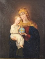 Auktion 365 / Los 4030 <br>Seb. Hartmann '64, Maria mit Kind, Öl/Leinwand, div. hinterlegte Stellen, gerahmt, RG 86,5 x 71,5cm, Sperrgutversand!