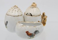 Auktion 365<br>kl. Menage um 1920, Hühnerdekor, Altersspuren, H-8cm B-12cm