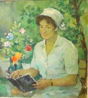 Auktion 365<br>unter Rahmen signiert "Lesende Dame" verso Etikett "Prof. O.???? 1885-1972, leider Stempel verblichen, Öl/Malfaser, gerahmt, RG 85x79 cm, /Sperrgut)