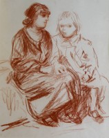 Auktion 365 / Los 5025 <br>anonym, bzw. unter PP signiert? "Mutter mit Kind" R&ouml;telzeichnung, ger/Glas, RG 60x53 cm