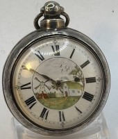 Auktion 366<br>antike Spindeluhr in Silbergehäuse,Emaille-Zifferblatt mit  Landschaft mit Mühle, schöner Kloben, sehr guter Zustand, Werk läuft, in Silber Schutzhülle, Birmingham 1845, D-5,5 cm