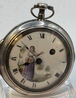 Auktion 366 / Los 2031 <br>antike Spindeluhr in Silbergeh&auml;use, bemalt mit M&auml;dchen, gut erhalten mit leicheten Altersspuren, D-5,3 cm