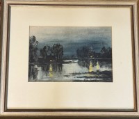 Auktion 366 / Los 4007 <br>Simoleit Hans,  (1908-1975,)  1947, Aquarell,  H&auml;user am See, gut gerahmt/Glas, RG 42x50 cm