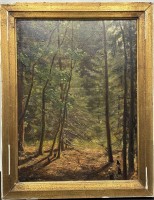 Auktion 366<br>unleserl. sign. Waldweg, Öl/Platte, alt gerahmt, RG  51x41 cm