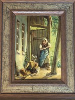 Auktion 366<br>unleserl. sign. Hühnerhof, Öl/Holz, gerahmt, RG 31x26 cm