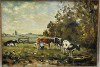 Auktion 366<br>unleserl. sign. "Kühe auf der Weide" Öl/Platte, gerahmt, RG 26x21 cm