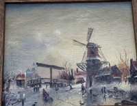 Auktion 366 / Los 4013 <br>unleserl. signiert "Winterlandschaft mit Mühle" Holland, Öl/Platte, gerahmt, RG 17x19 cm