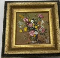 Auktion 366<br>unleserl. signiert, Blumenbild, &Ouml;l/Platte, gerahmt, RG 16x16 cm