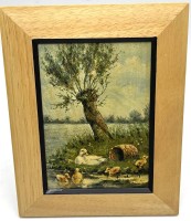 Auktion 366 / Los 4015 <br>unleserl. sign. "Entenfamilie" Öl/Platte, gerahmt, RG 24x19 cm
