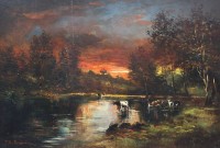 Auktion 366 / Los 4019 <br>Th&eacute;odore ROUSSEAU (1812-1867),  K&uuml;he in der Abendd&auml;mmerung, &Ouml;l/Holz, gut gerahmt, RG 41,5 x 51,5cm