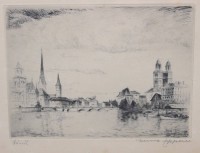Auktion 366<br>unleserl.signierte Radierung, Ansicht Zürich, ger./Glas, RG 22,5 x 28cm