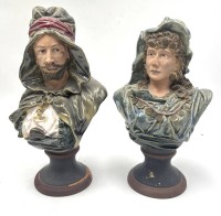 Auktion 366 / Los 9037 <br>zwei Majolika B&uuml;sten eines arab. Paares, wohl Goldscheider um 1900, r&uuml;cks. nur Nummern, H-ca. 26  und 24 cm,  guter Zustand,