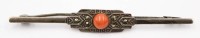Auktion 366<br>Art Deko Silbernadel -830-mit Koralle und Markasiten, 3,2 gr., ca. 5,8  cm