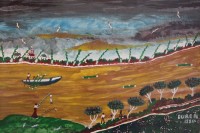 Auktion 366 / Los 4026 <br>Dino Daolio Duren (1917-1983), Il fiume po 1980, Naiv, Öl/Malkarton, ger./Glas, RG 39 x 51cm