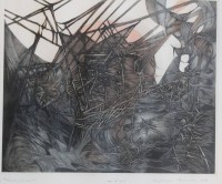 Auktion 366 / Los 4028 <br>unleserl. signiert, abstrakte Landschaft, RAdierung, betitelt "Przemijanie", ger./Glas, RG 81 x 62cm