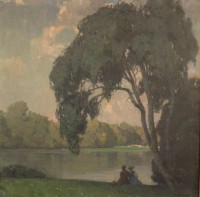 Auktion 366 / Los 4029 <br>gr. Gem&auml;lde von Hermann G&Ouml;HLER (1874-1959), Personen am See, &Ouml;l/Leinwand, gerahmt, Rahmen besch&auml;digt, RG 84 x 93cm, Sperrgutversand