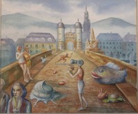 Auktion 366 / Los 4037 <br>Cornelia Franke, abstrakte Landschaft mit Personen, Aquarell, gerahmt/Glas, RG 61 x 81cm