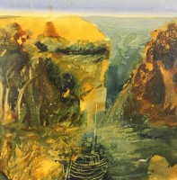 Auktion 366 / Los 4040 <br>Horst B&Ouml;HM (1940) , Boot in Bucht, Acryl/Hartfaser, gerahmt, RG 58,5 x 58,5cm