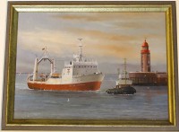 Auktion 366 / Los 4045 <br>Klaus Roskamp (1941) "Fischtrawler Geestem&uuml;nde vor Mole", &Ouml;l/Platte  Motiv 19x25 cm, gut gerahmt, RG 40x45 cm