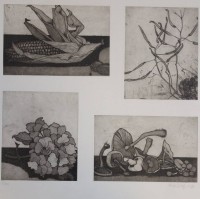 Auktion 366 / Los 5028 <br>Inge Wulff 1978 o.&auml;., 4x div. kl. Radierungen auf einem Blatt, Nr. 12/50, gerahmt/Glas, RG 52 x 54cm