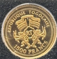 Auktion 366<br>kl. Goldmünze -999-, Togo, 2008, 1500 CFA, D-11mm, 0,5 gr., boxed