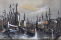 Auktion 366<br>unleserl.signiert '83, Hafenszene, Mischtechnik auf Stoff, ger./Glas, RG 34 x 44cm