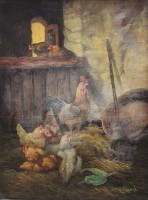 Auktion 366<br>P. Bassani, H&uuml;hnerstall, &Ouml;l/Leinwand, gerahmt, restau. bed&uuml;rftig, RG 57 x 47cm