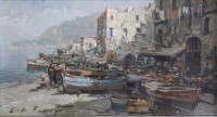 Auktion 366<br>unleserl. signiert, Fischerboote und Fischer am Hafen, &Ouml;l/Hartfaser, gut gerahmt/Glas, RG 53 x 73cm