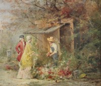 Auktion 366<br>G.Bangetti o.&auml;., galantes Paar beim G&auml;rtner, &Ouml;l/Leinwand, gerahmt, RG 50,5 x 55,5cm